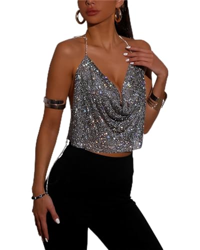 PartyArt Women Sexy Rhinestone Tops Sparkly Deep V Backless Crop